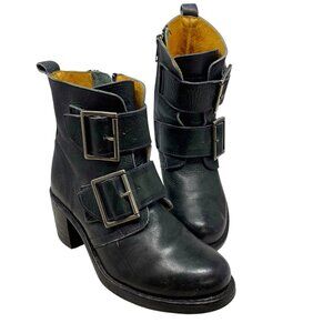 Frye Sabrina Black Leather Double Buckle Ankle Boots‎